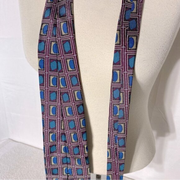 Vintage Burgundy Blue Square Print Tie - Picture 4 of 8